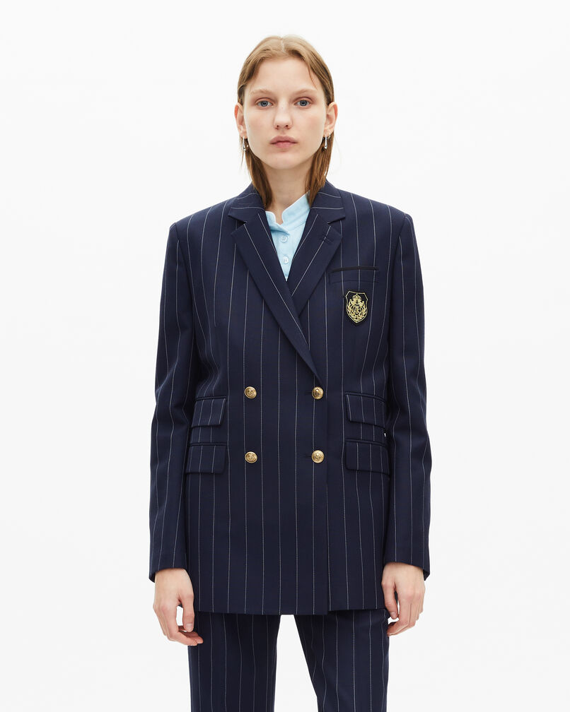 The Kooples FEMME NAVY veste tailleur à rayures tennis en laine mélangée bleu marine