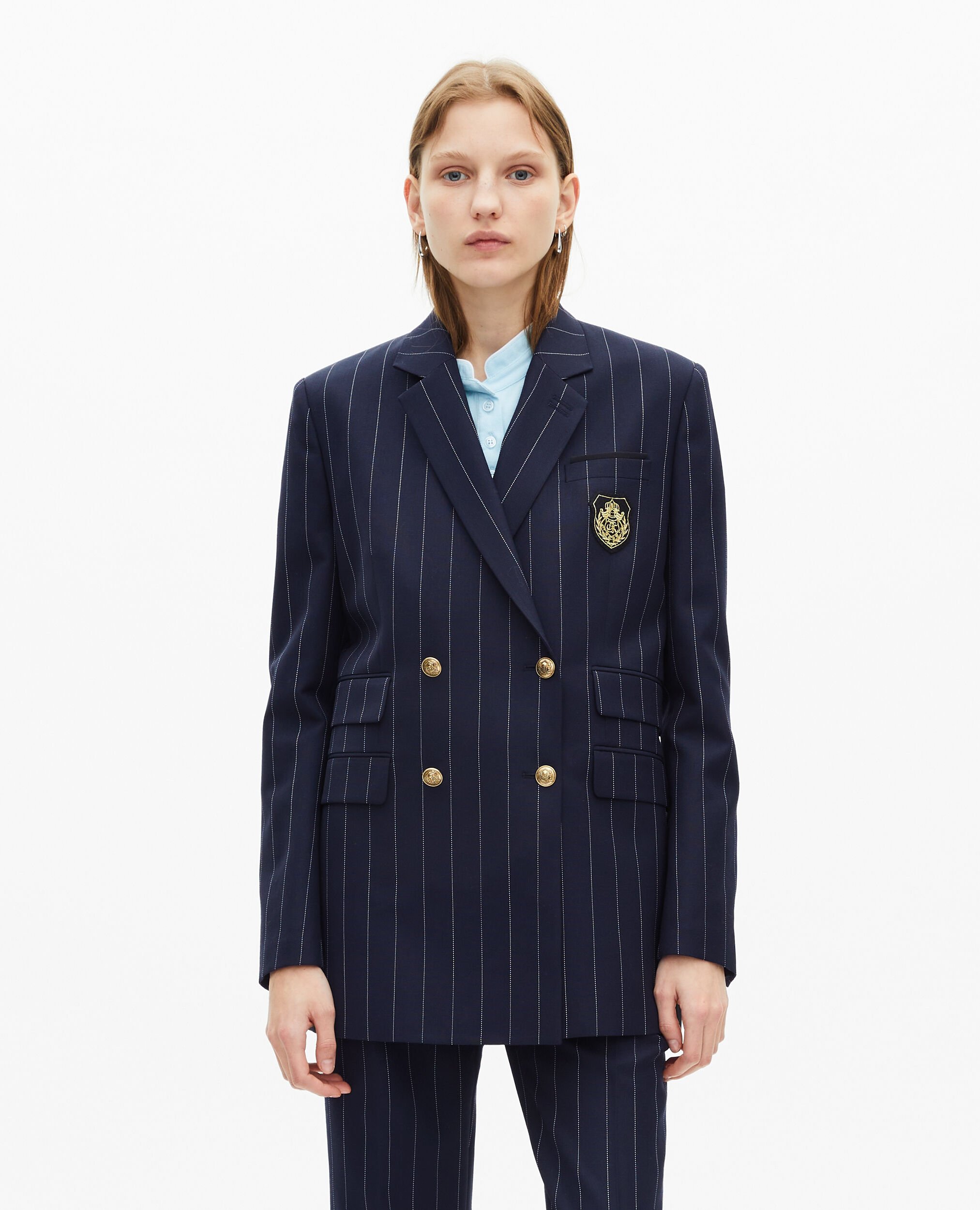 Veste tailleur à rayures tennis en laine mélangée bleu marine, NAVY, hi-res image number null