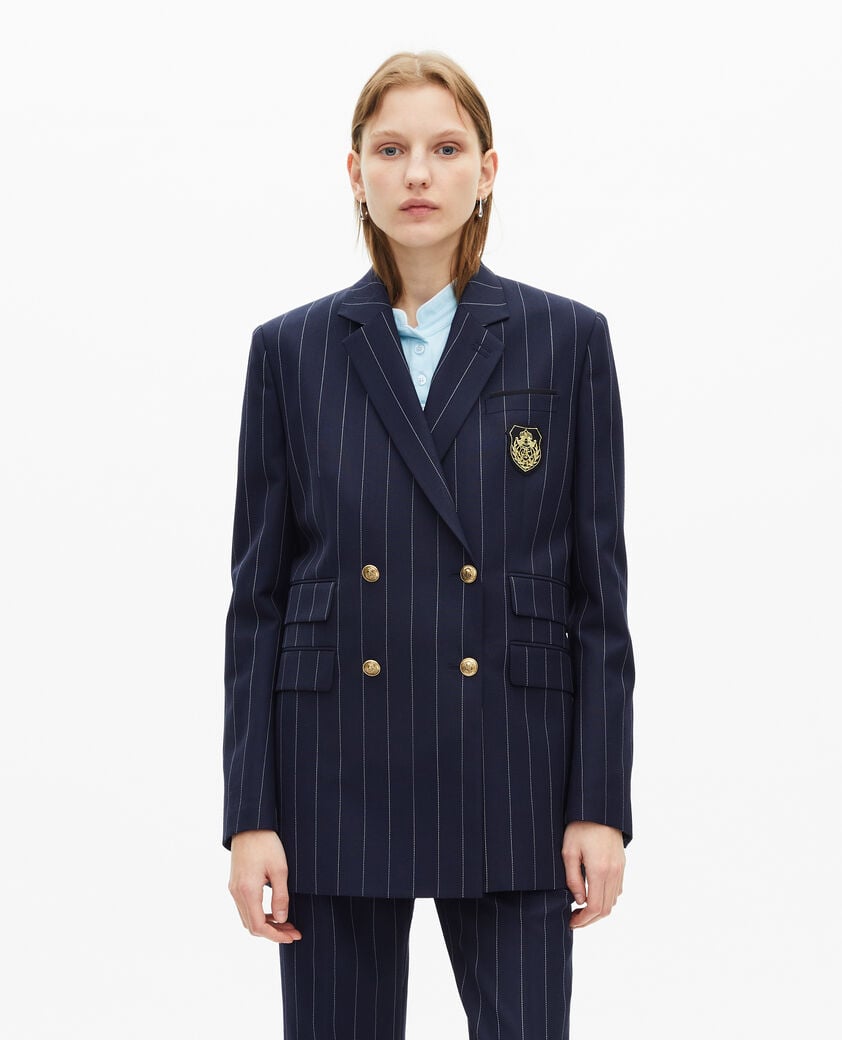 The Kooples FEMME NAVY veste tailleur à rayures tennis en laine mélangée bleu marine