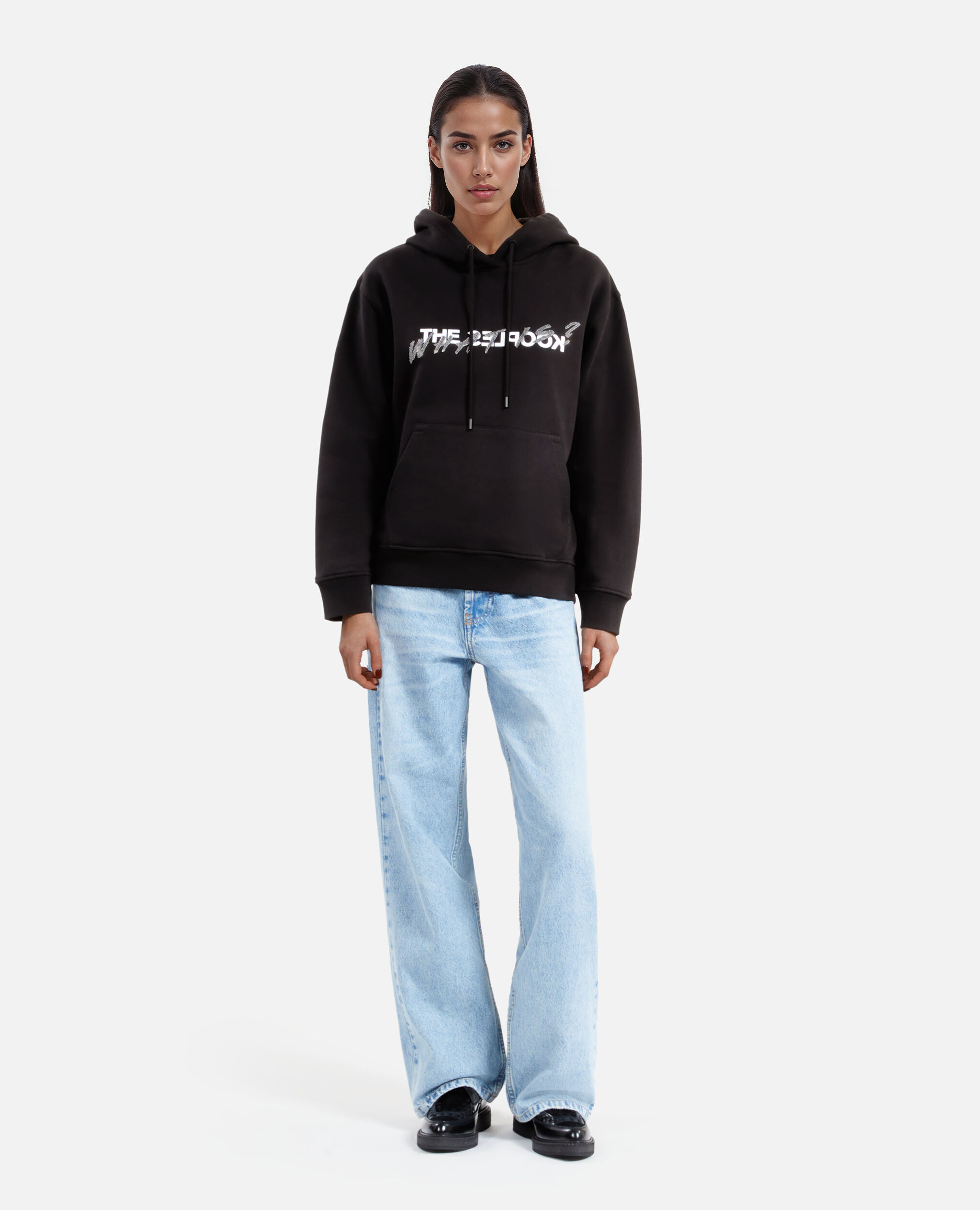 Damen Schwarzes Sweatshirt mit „What is“-Strassbesatz, BLACK, hi-res image number null