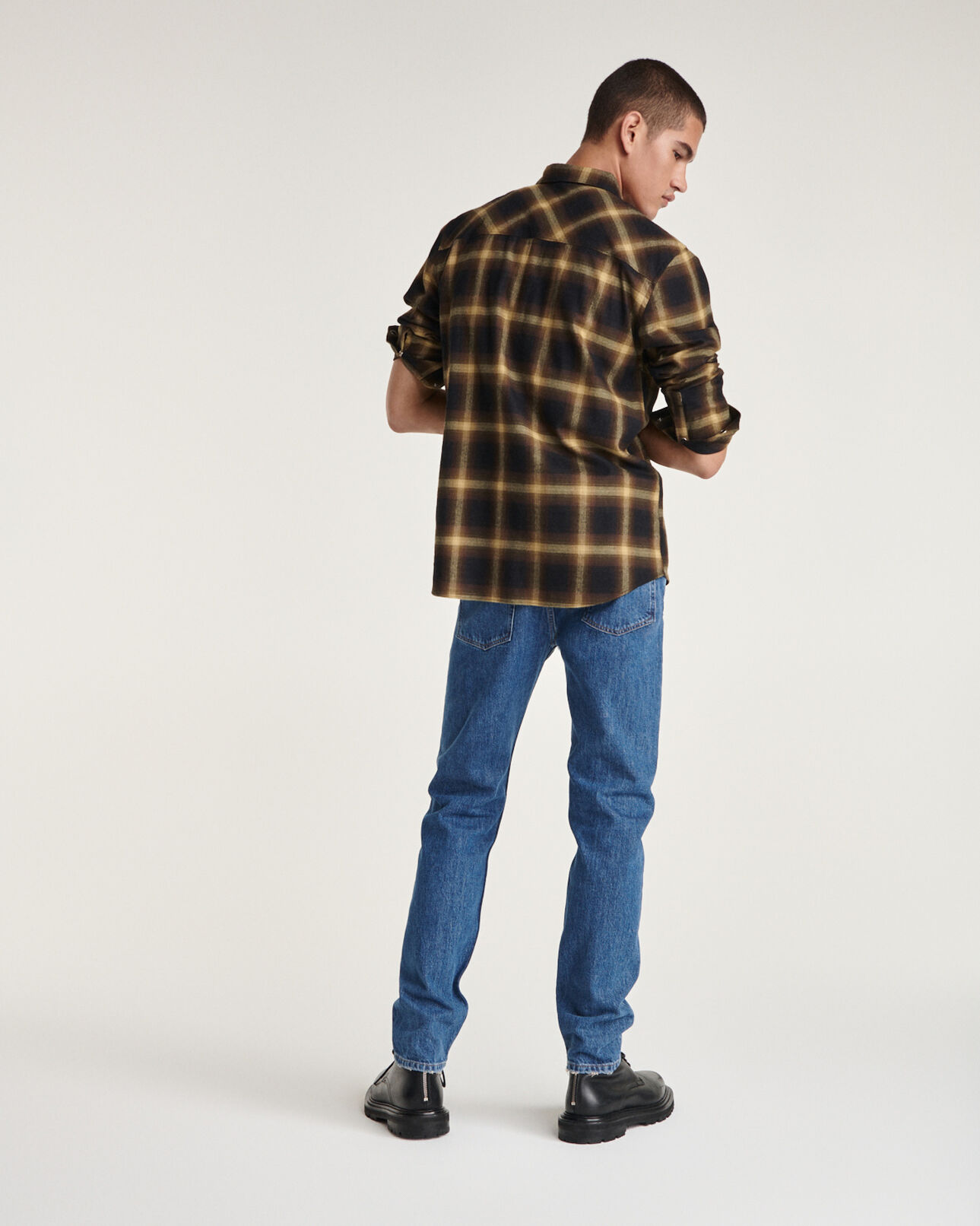 The Kooples HOMME YELLOW BLACK chemise coton noir et jaune carreaux