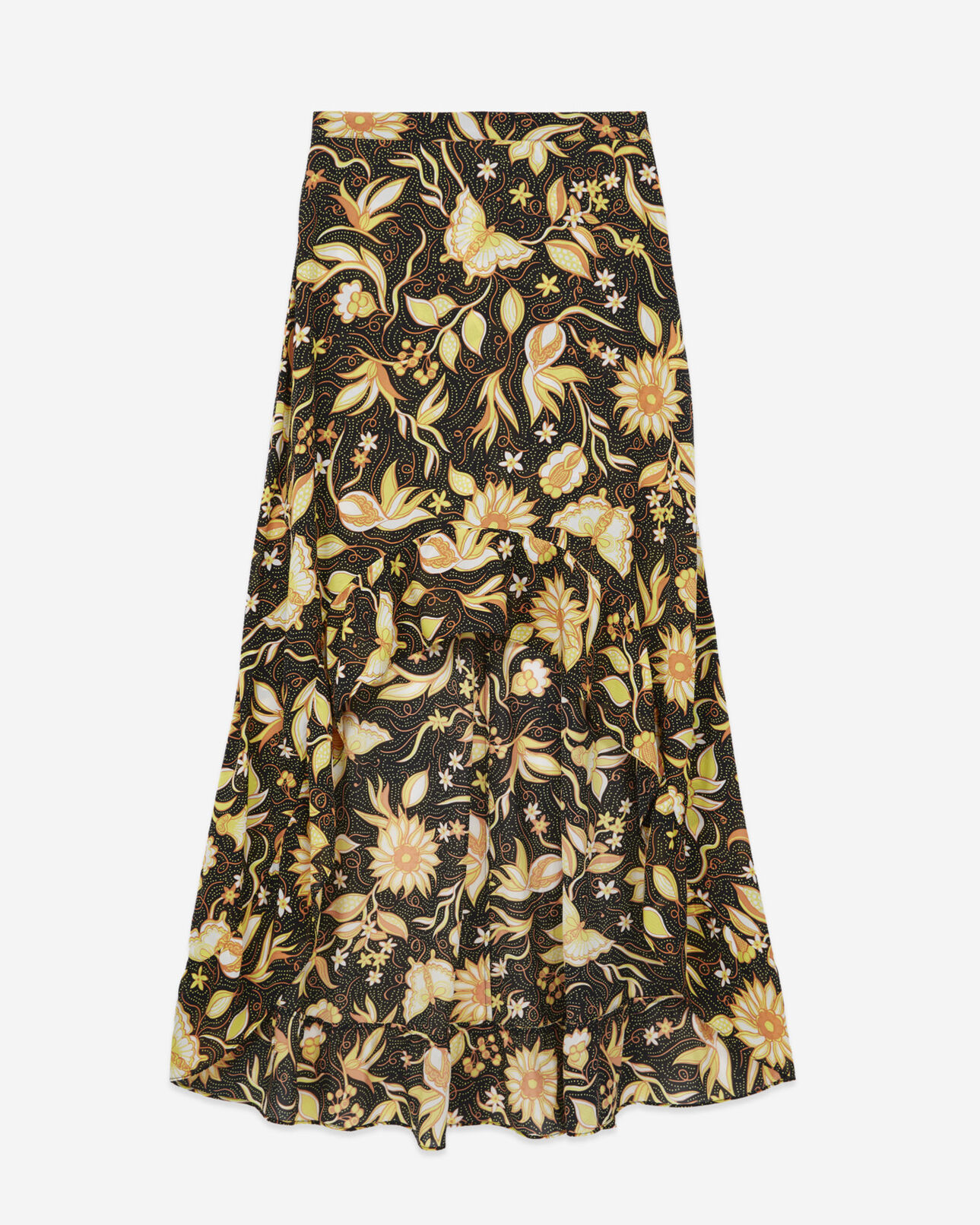 The Kooples FEMME BLACK jupe fleurie asymétrique à volants