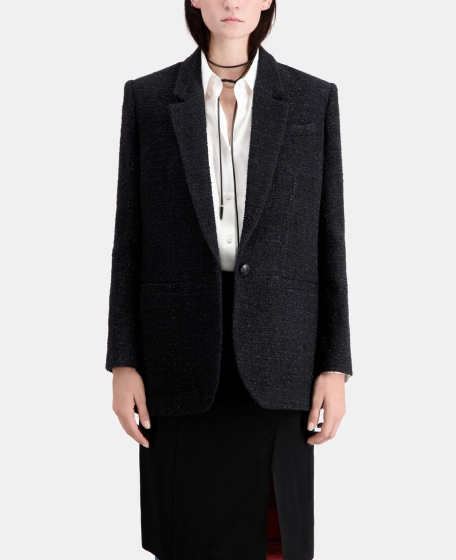 The Kooples FEMME BLACK blazer noir en tweed avec détails fil argenté
