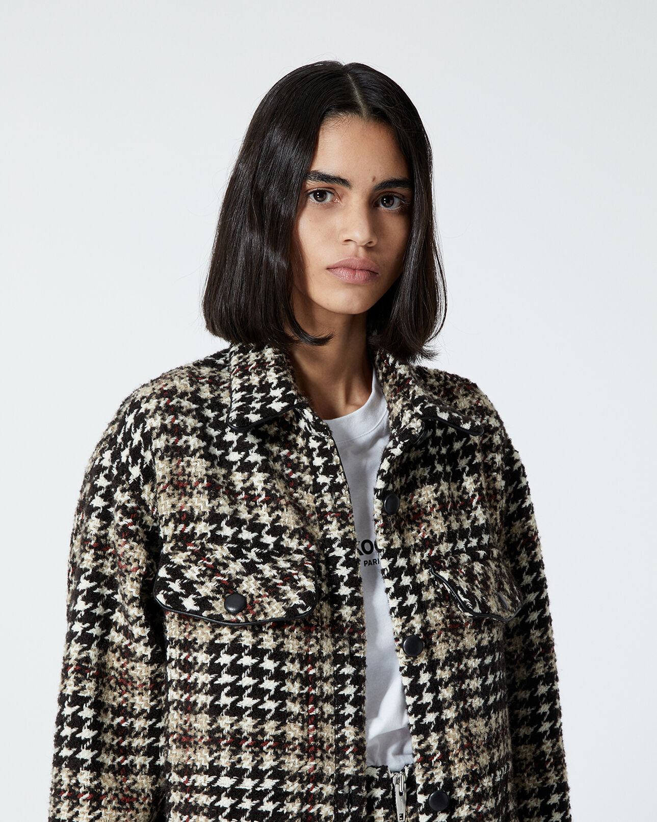 The Kooples WOMEN BLACK-ECRU oversized tweed houndstooth shirt jacket with leather detail