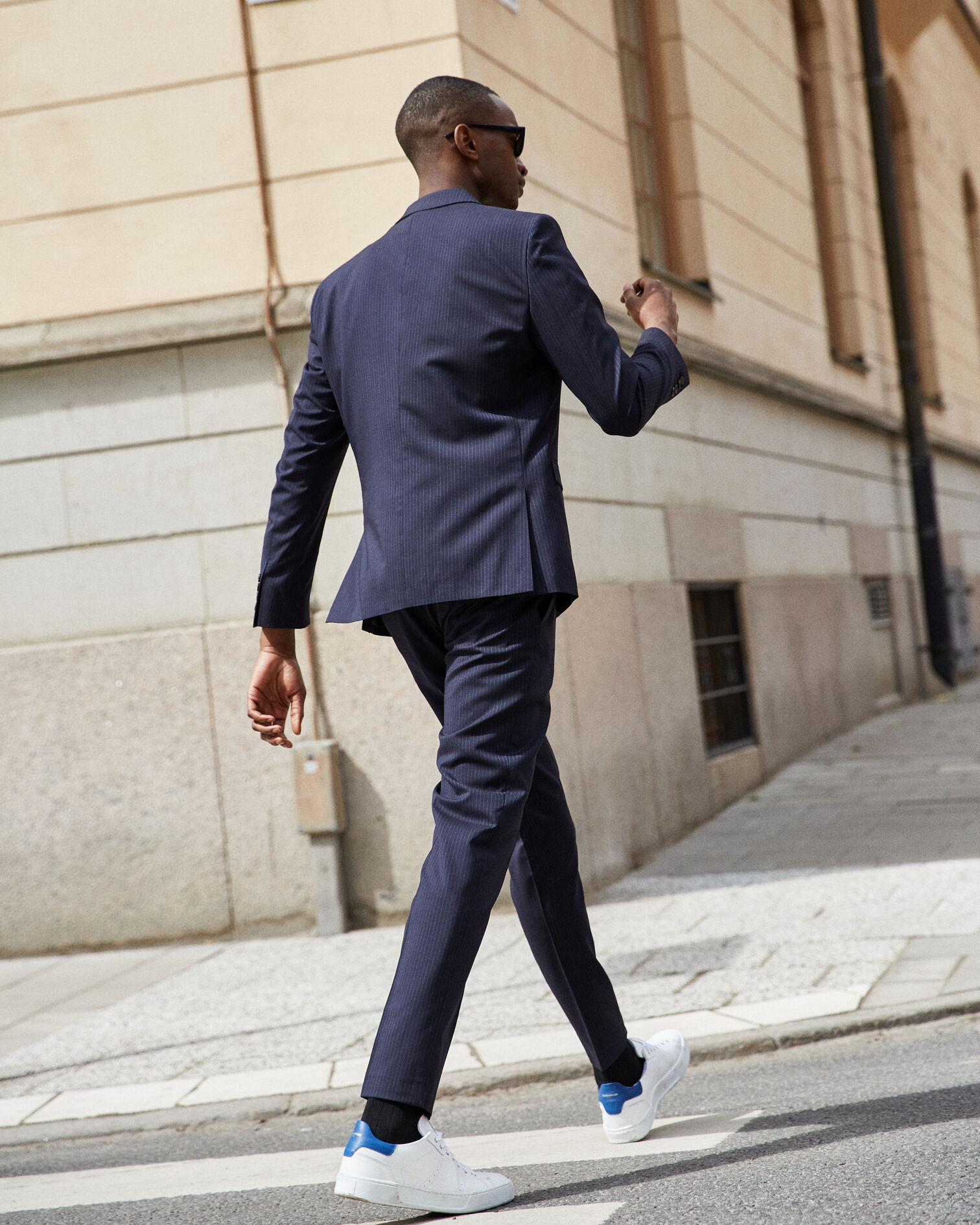 Navy blue wool striped pants, NAVY, hi-res image number null