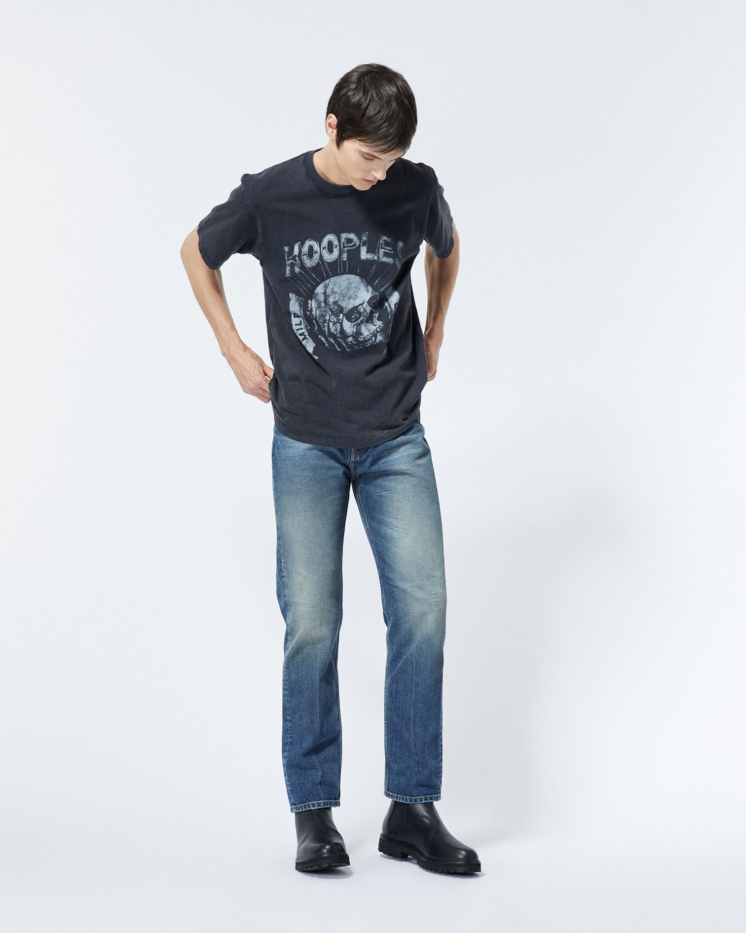 T-shirt noir délavé avec imprimé skull, BLACK WASHED, hi-res image number null