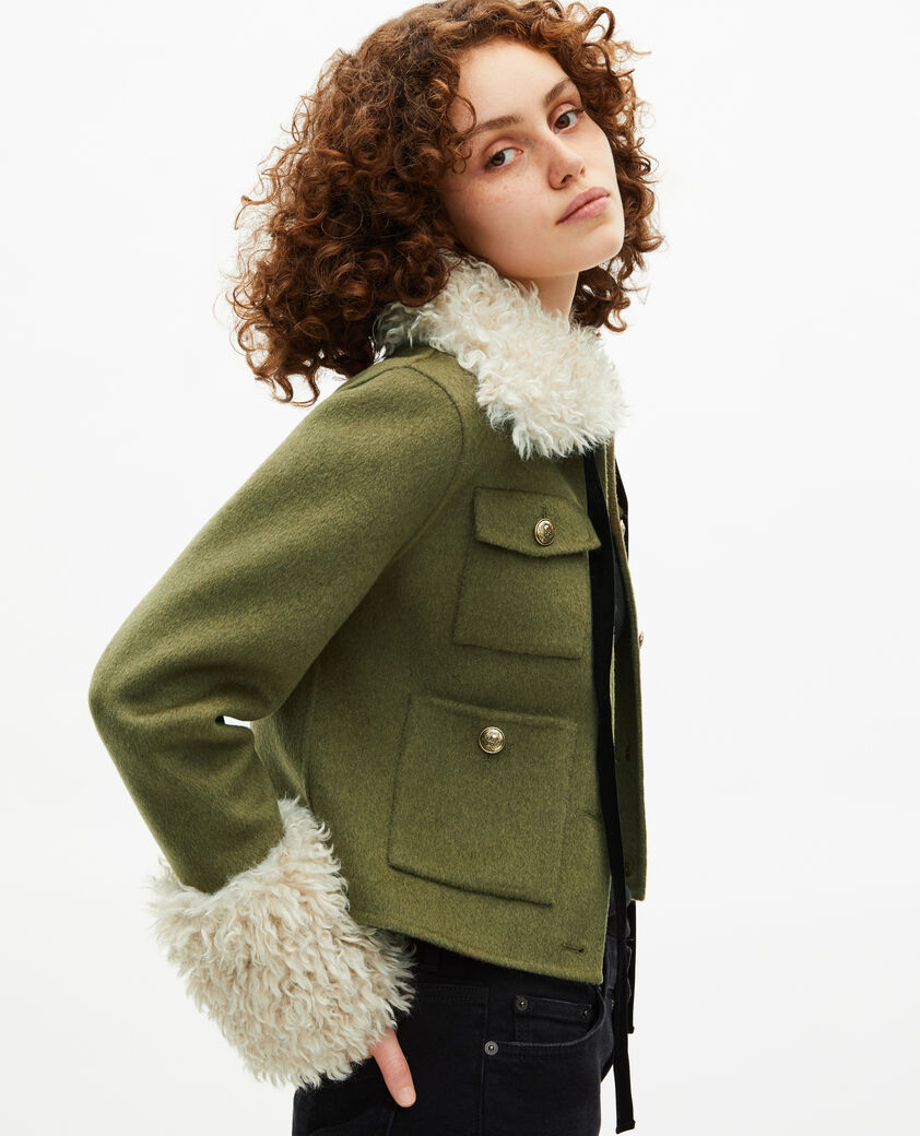 The Kooples F KAKI short wool jacket with khaki sherpa collar