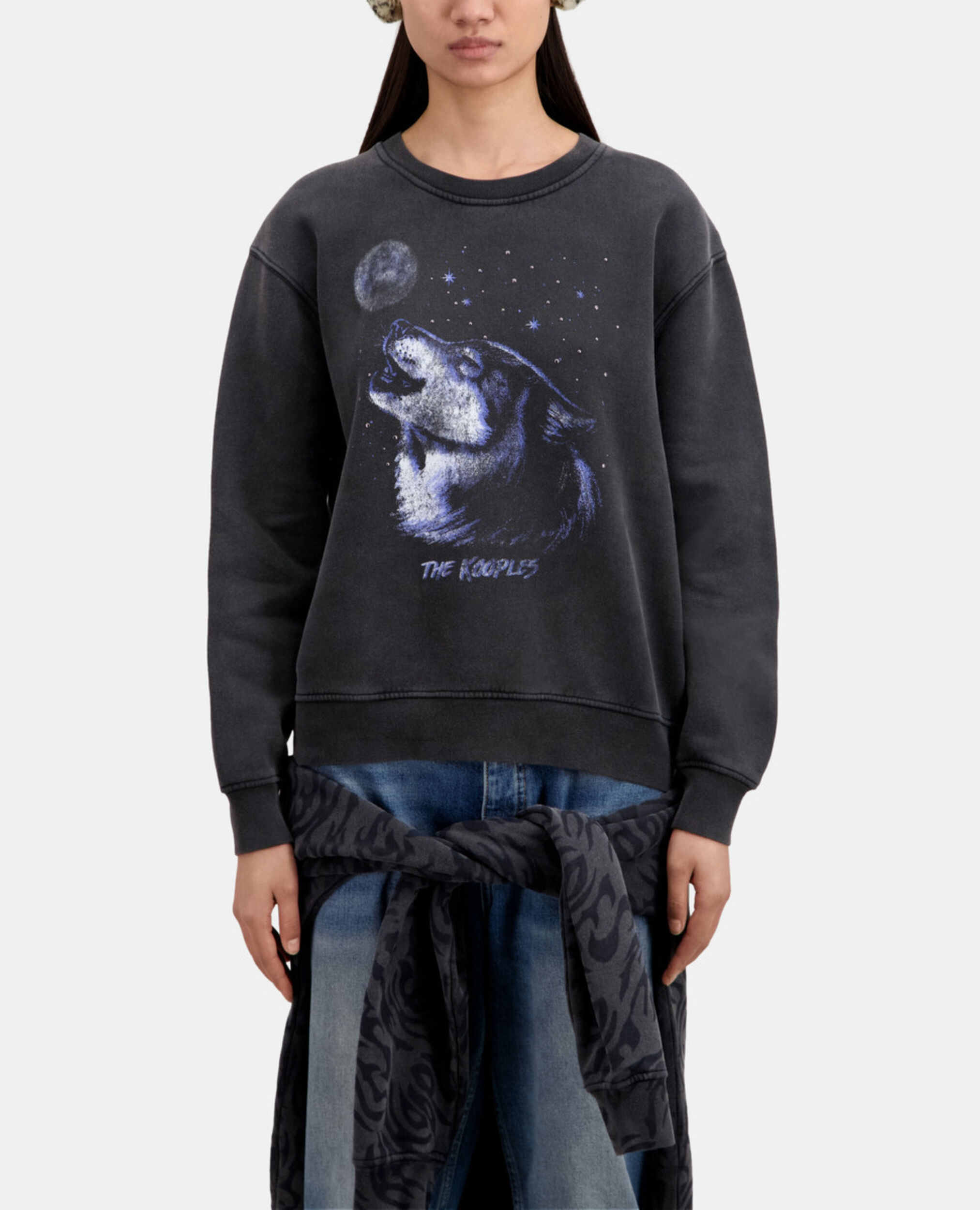 Damen Schwarzes Sweatshirt mit „Wolf“-Siebdruck, BLACK WASHED, hi-res image number null