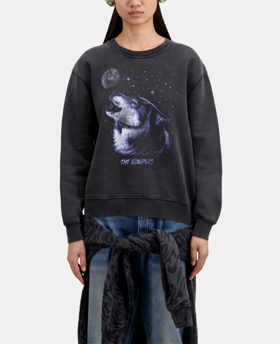 sweatshirt femme noir avec sérigraphie wolf