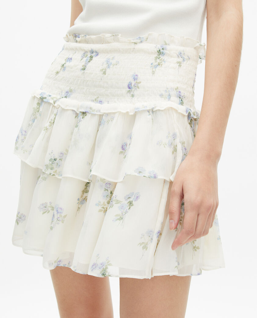 The Kooples WOMEN WHITE / SKY BLUE white floral print short skirt with ruffles