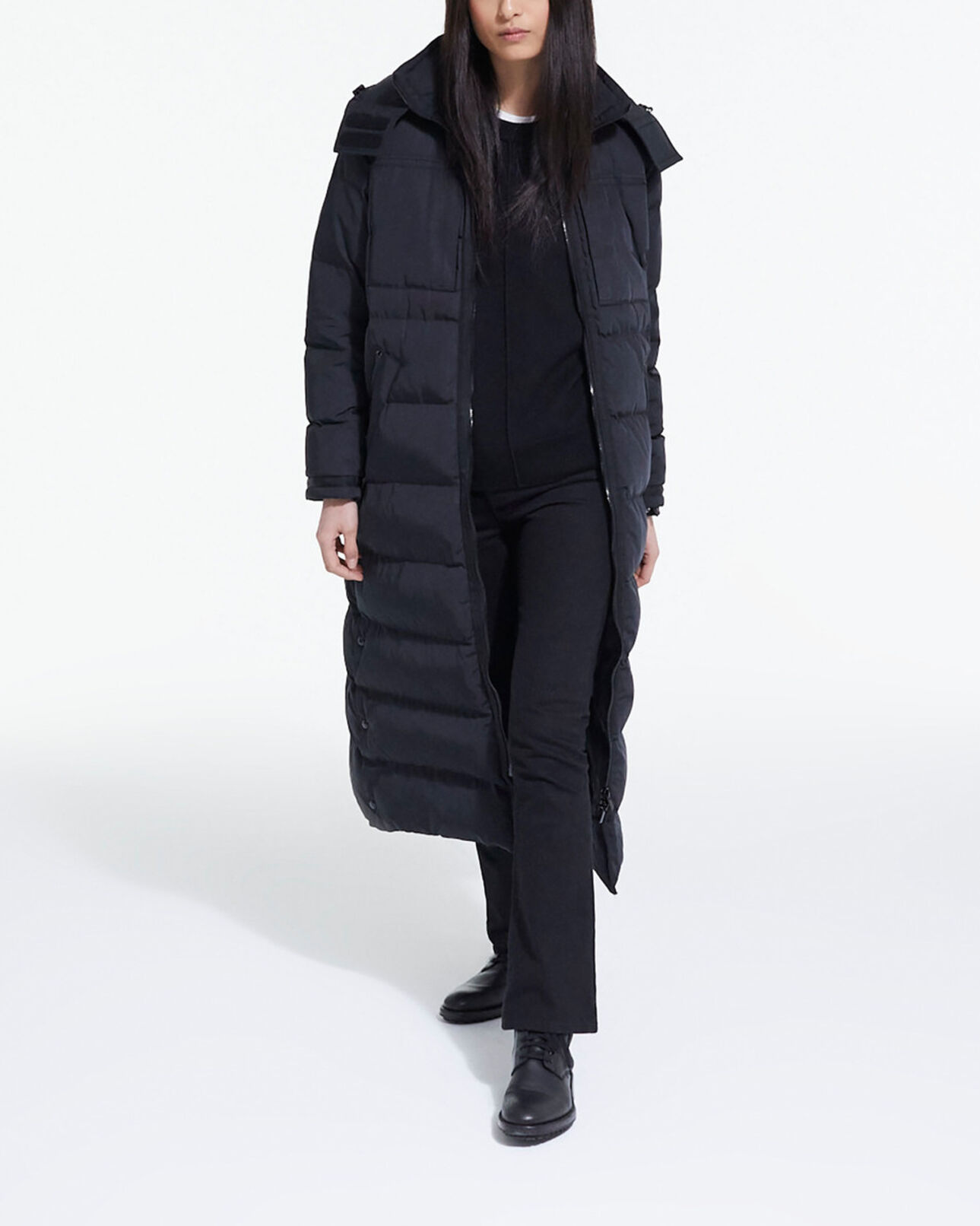 The Kooples WOMEN BLACK long black down jacket with straps and logo