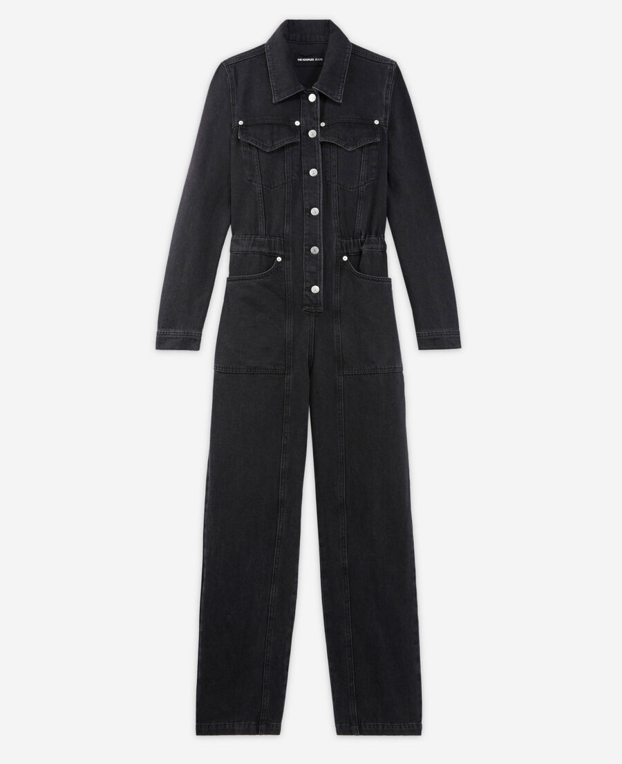 faded black denim buttoned jumpsuit