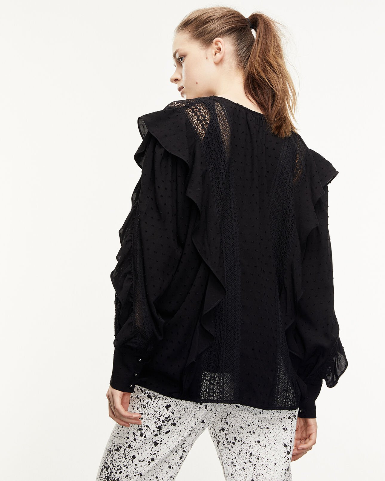 The Kooples WOMEN BLACK flowing flounced black top with lace