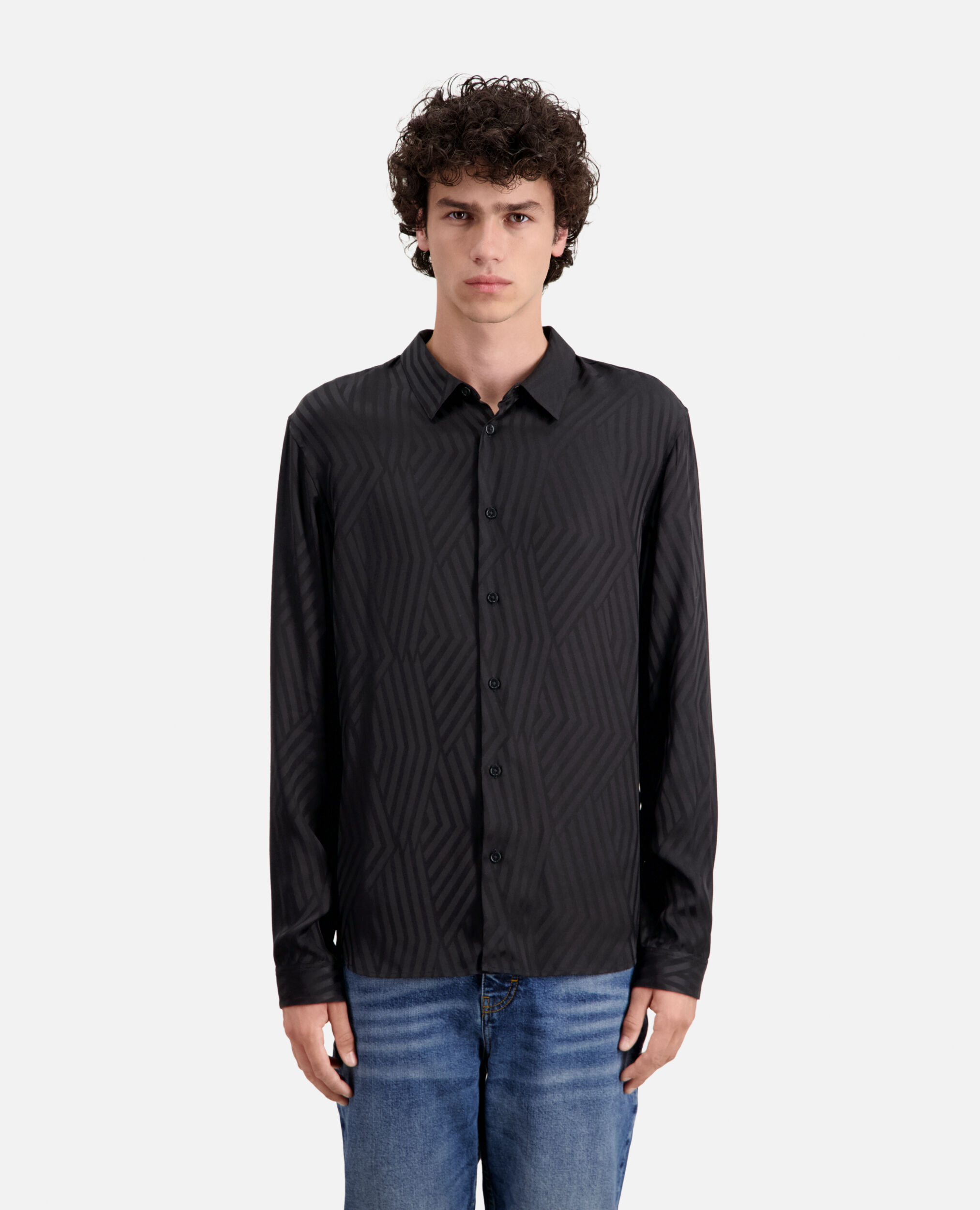 Camisa negra jacquard geométrica, BLACK, hi-res image number null