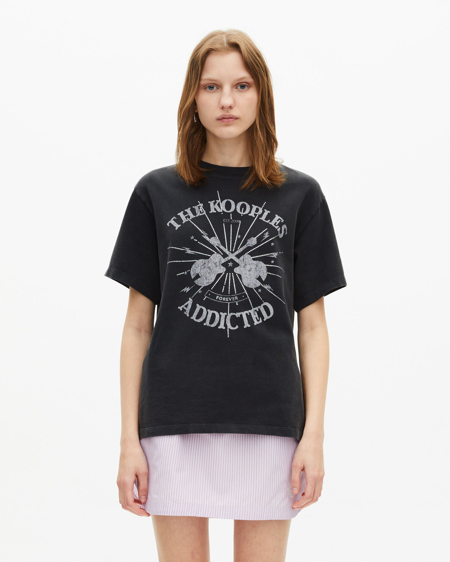 T-Shirt mit Siebdruck und verwaschenen schwarzen Strasssteinen, BLACK WASHED, hi-res image number null