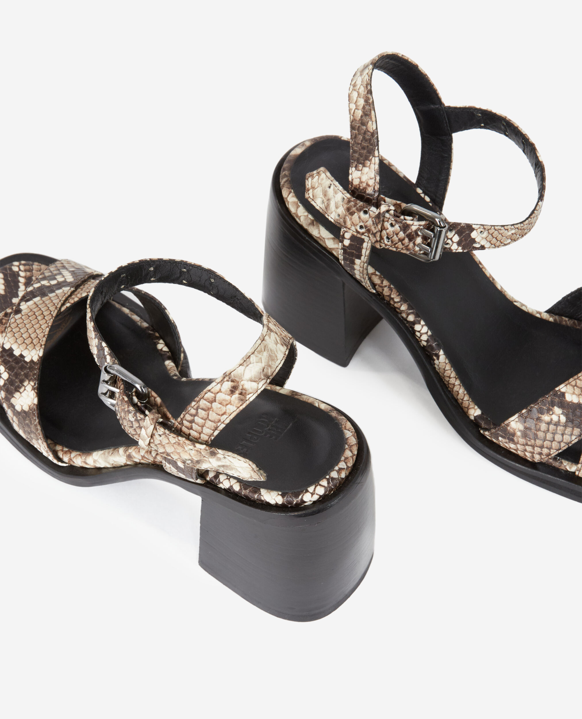 Snakeskin-effect heeled leather sandals, BEIGE-BROWN, hi-res image number null