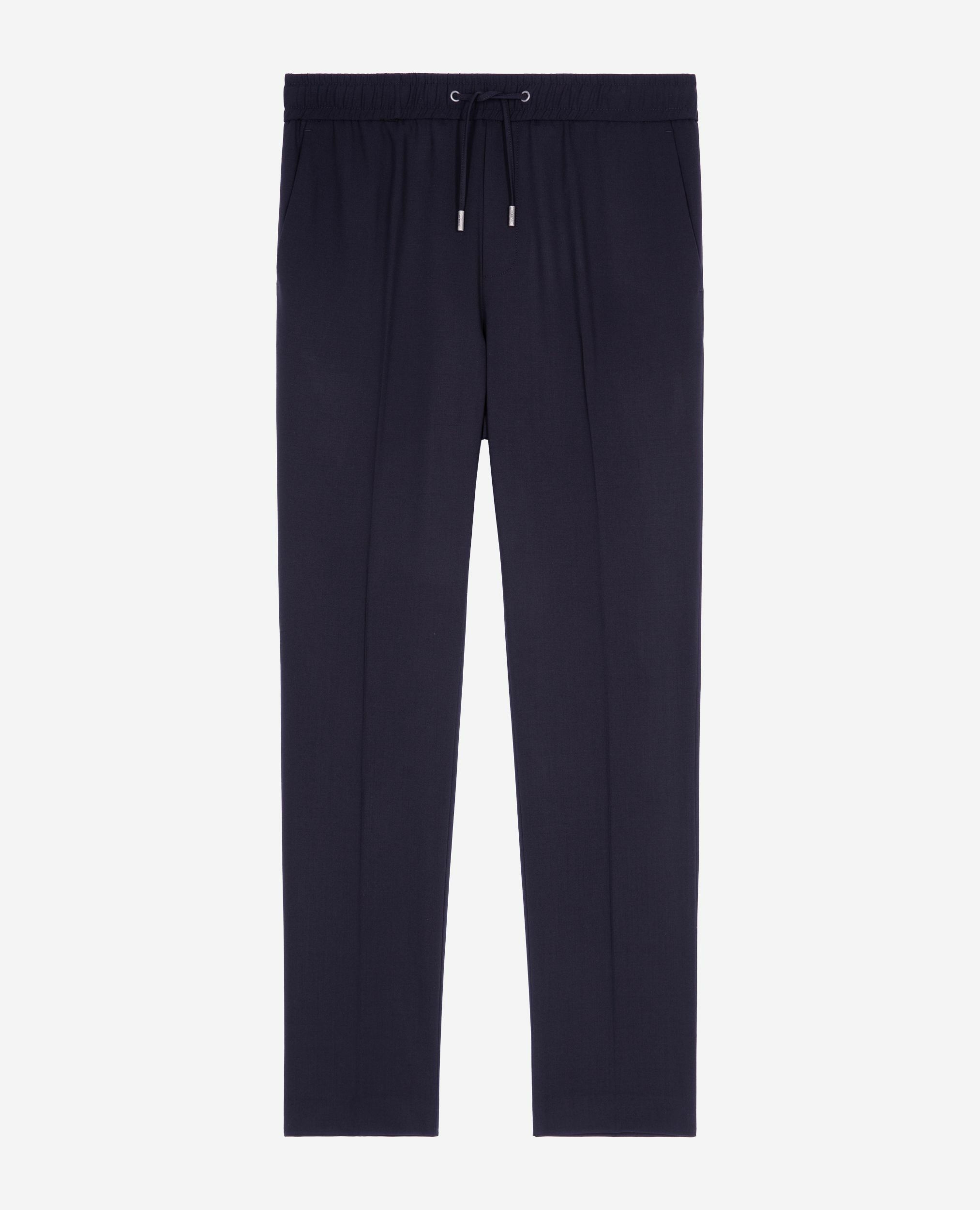 Pantalon élastiqué droit en laine marine, NAVY, hi-res image number null