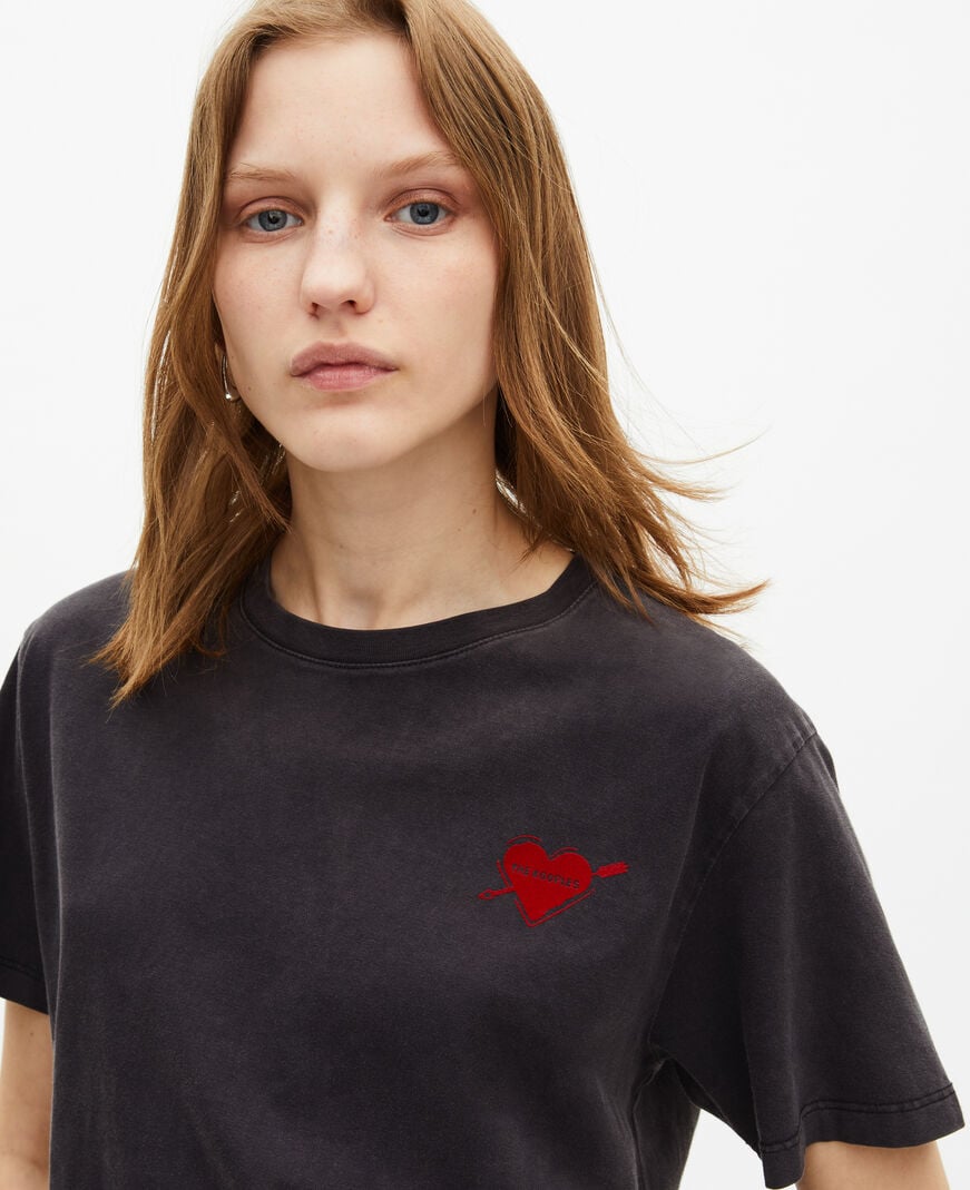The Kooples WOMEN BLACK WASHED black t-shirt with heart flocking