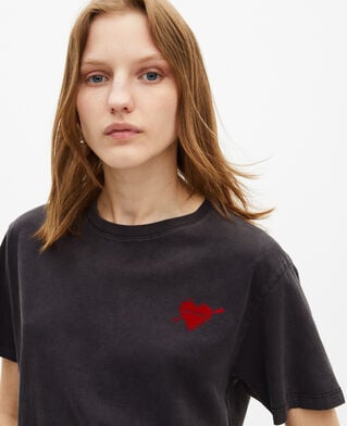 The Kooples WOMEN BLACK WASHED black t-shirt with heart flocking