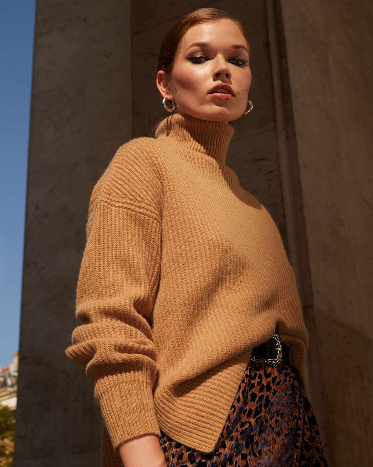 The Kooples WOMEN CAMEL side split long turtleneck sweater in camel