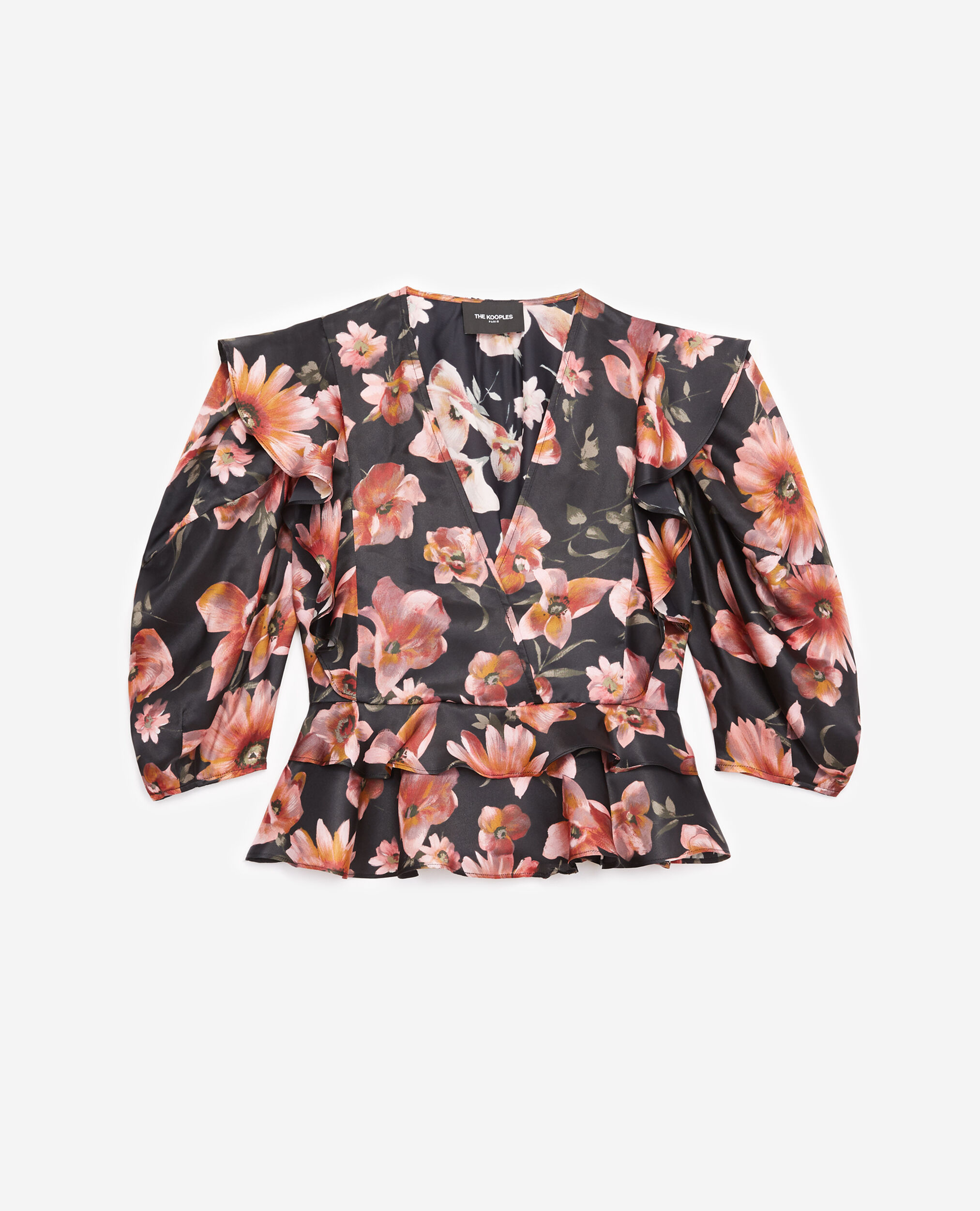 Frilly black top with floral print, BLACK, hi-res image number null