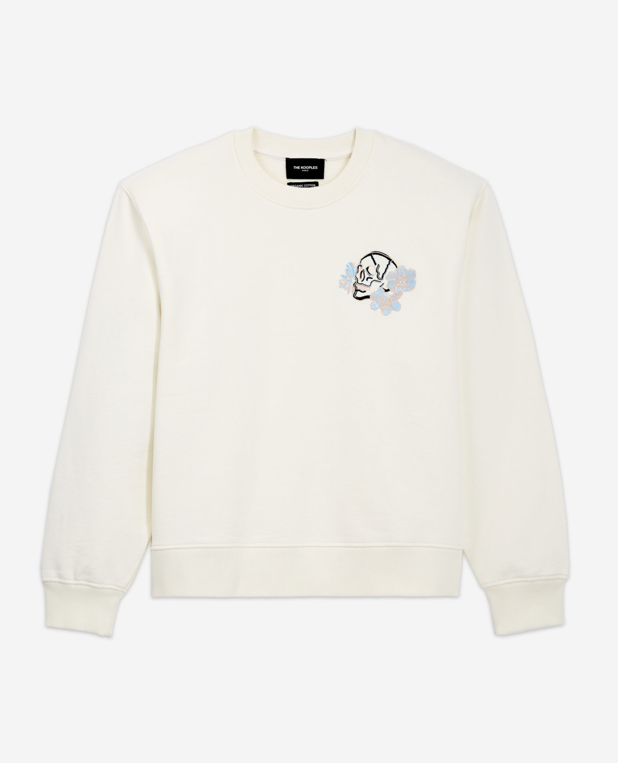 Ecru cotton sweatshirt with skull embroidery, ECRU, hi-res image number null