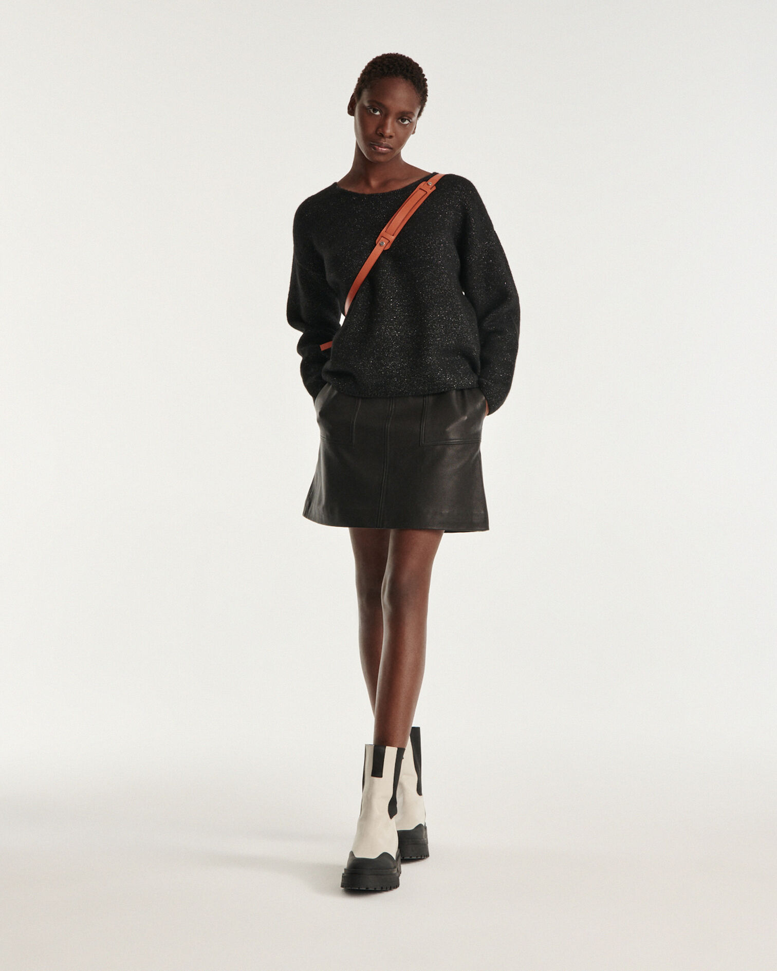 Short leather skirt with western stitching, BLACK, hi-res image number null
