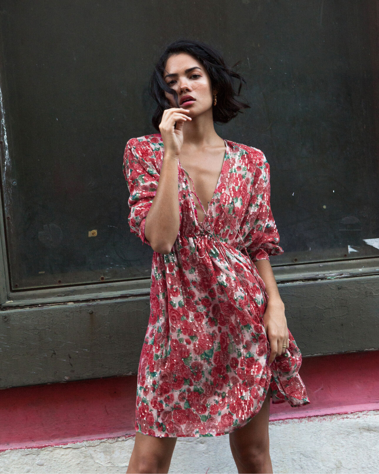 The Kooples FEMME PINK robe à fleurs courte en soie