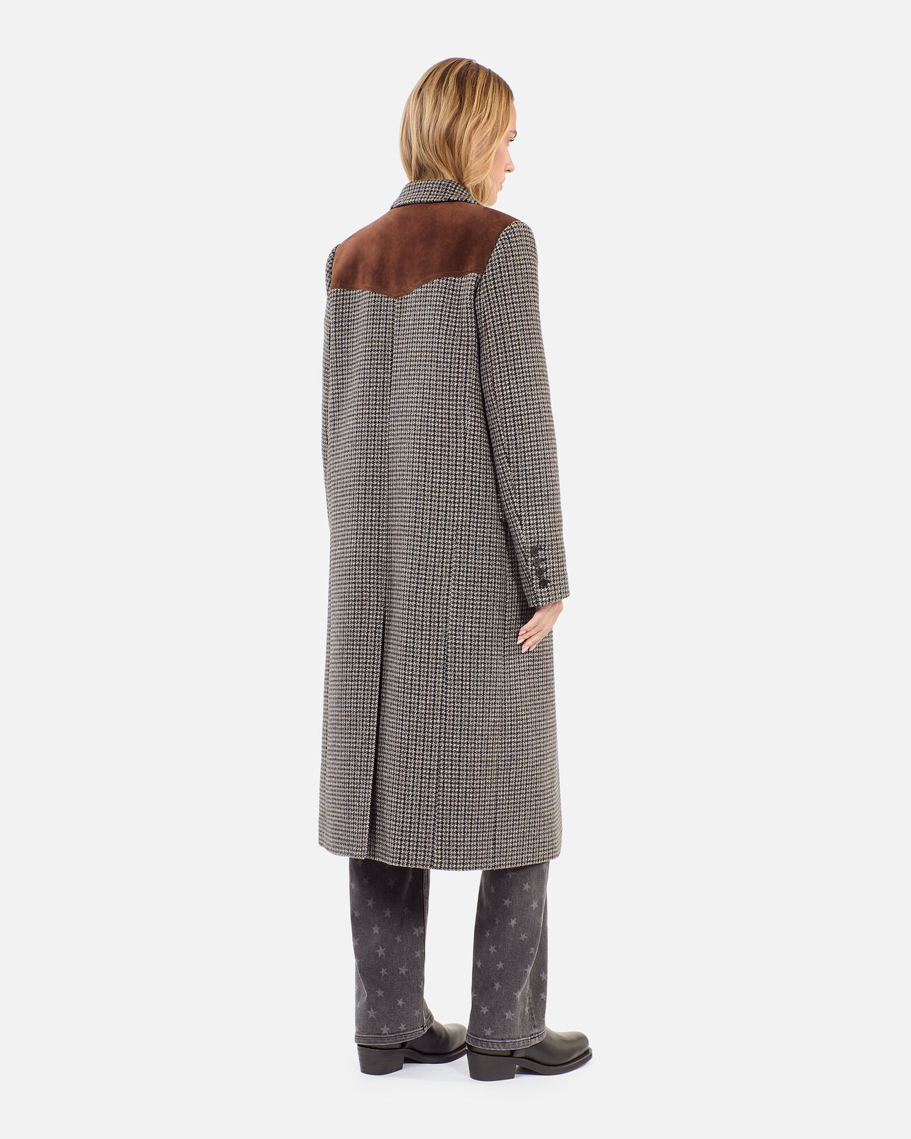 The Kooples WOMEN BLACK WHITE long black and white houndstooth coat