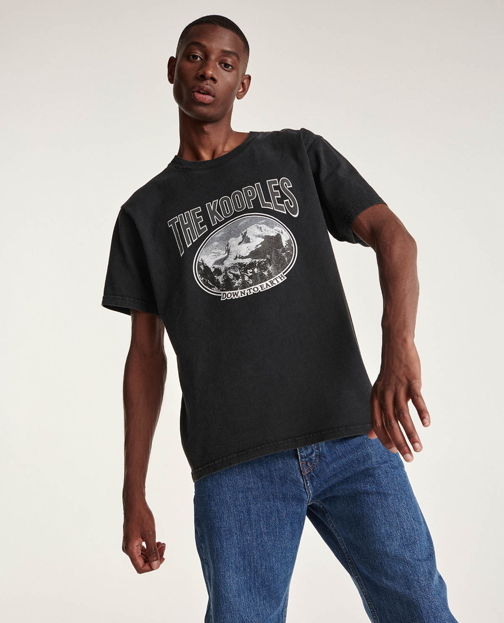 Gray cotton T-shirt printed mountain logo, BLACK WASHED, hi-res image number null
