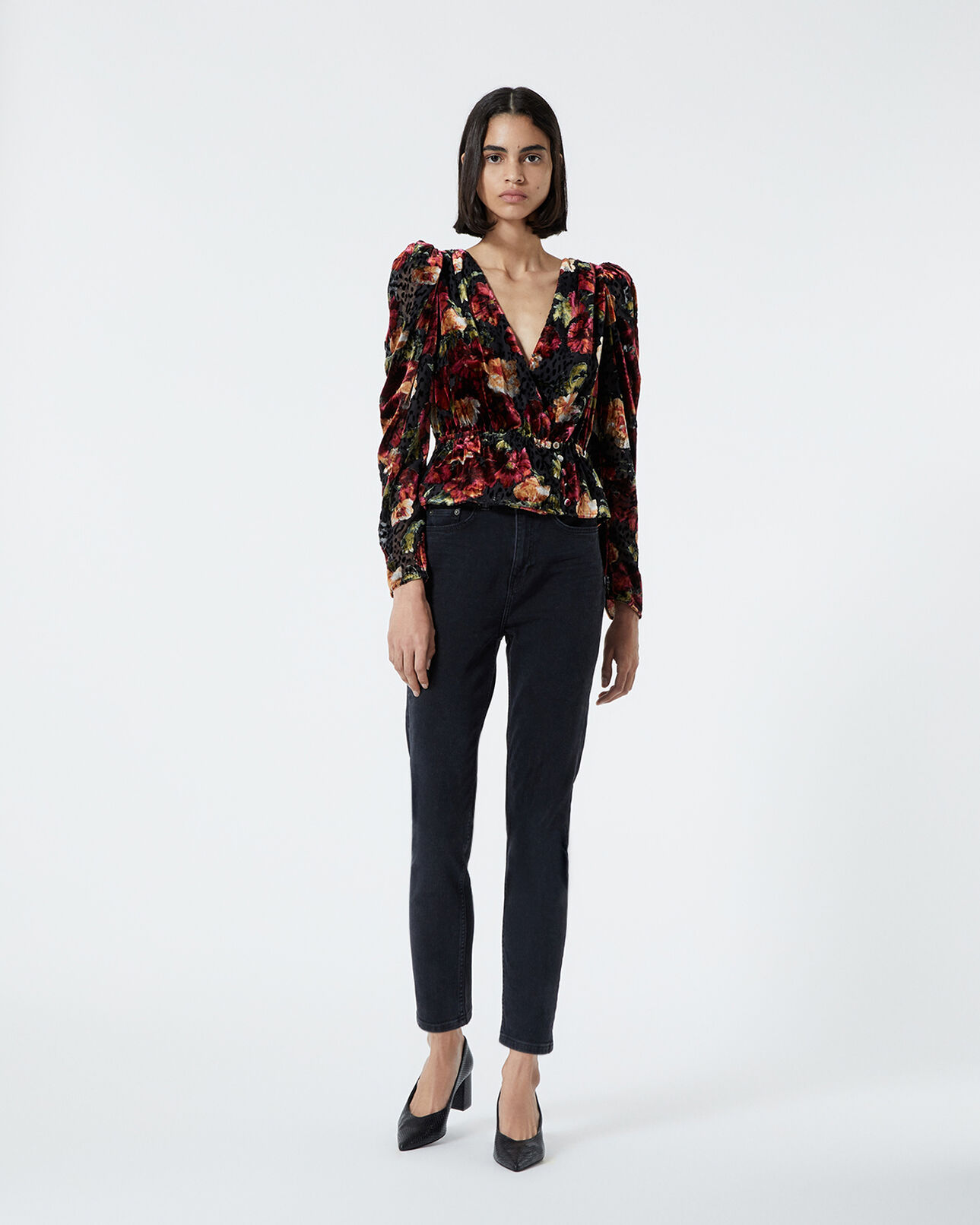 The Kooples WOMEN MULTICOLOR burnout velvet top with orange floral print