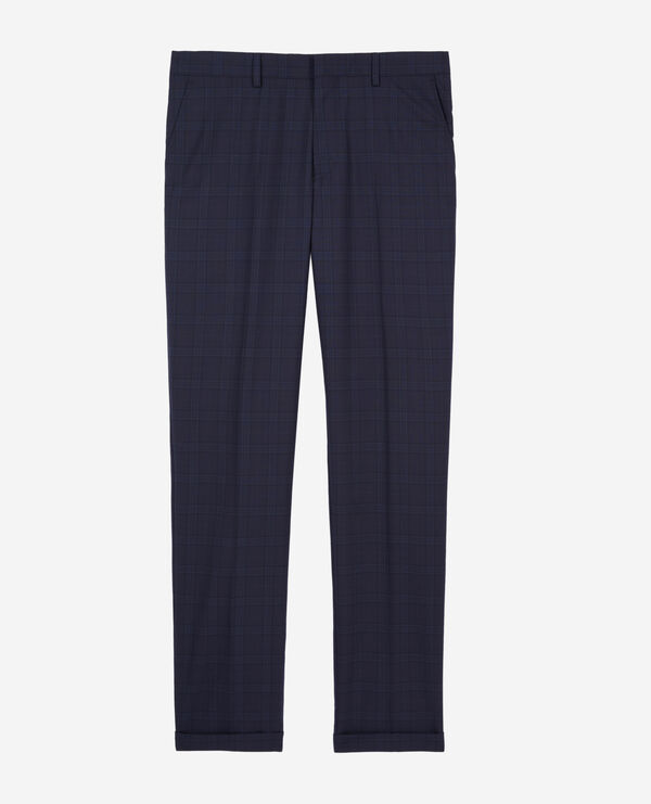 navy blue prince of wales wool suit trousers
