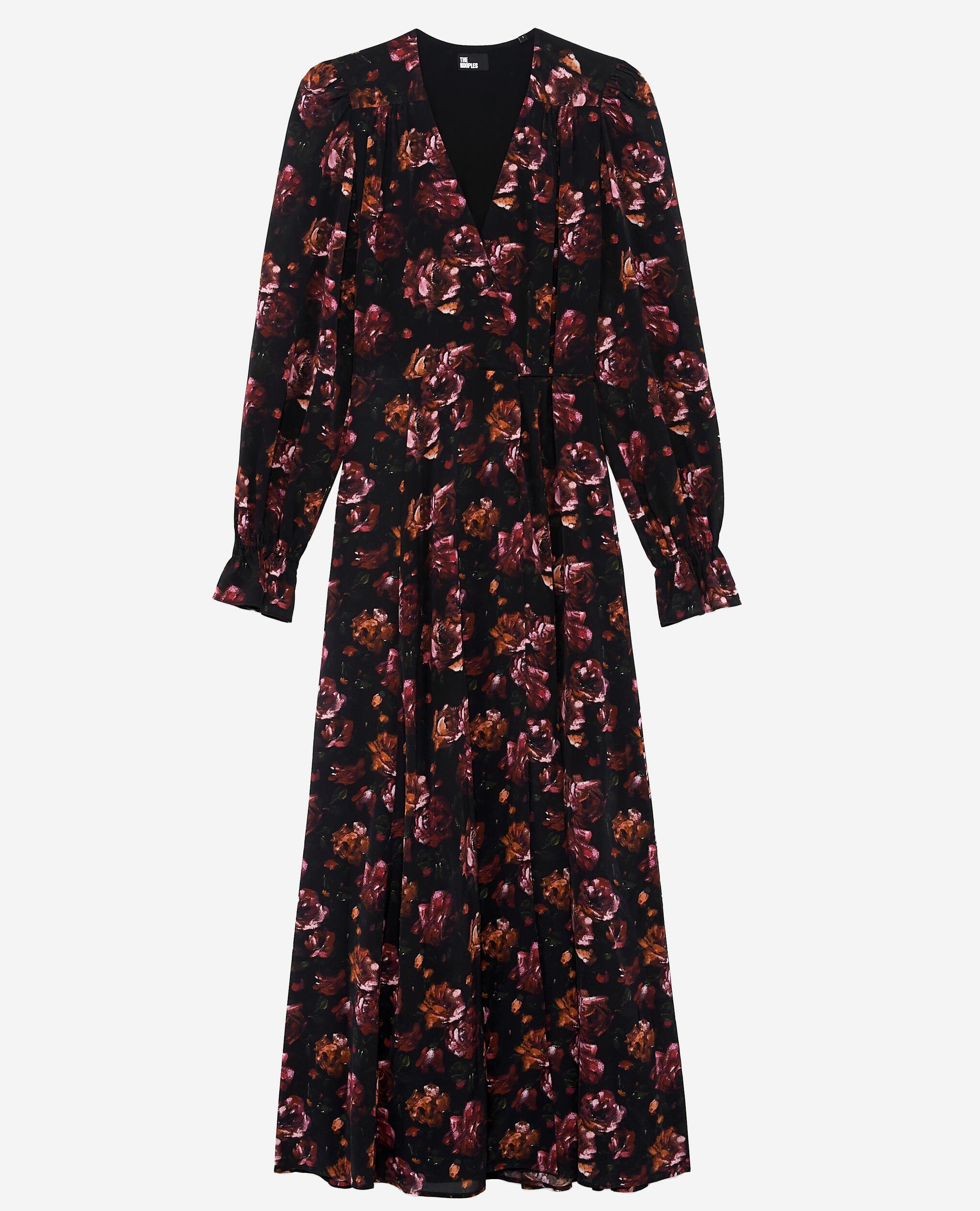 Burgundy silk blend floral print long dress, BLACK - RED, hi-res image number null