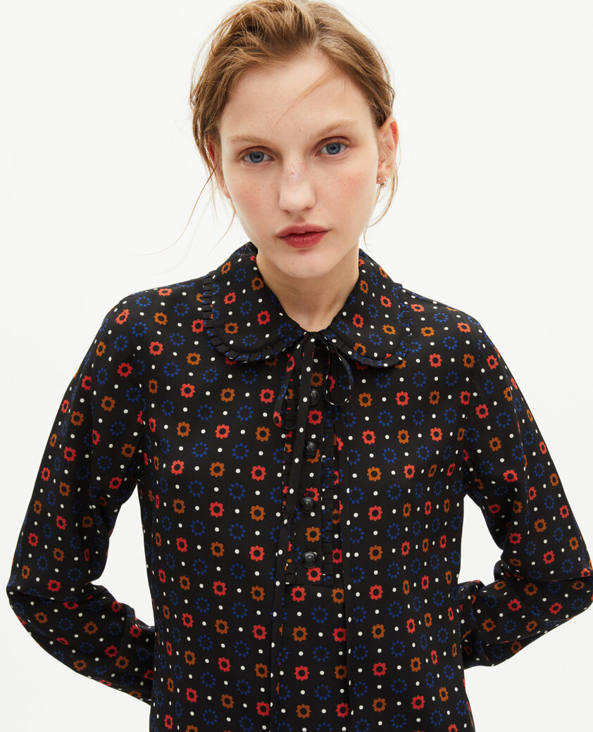 The Kooples DAMEN BLACK MELANGE kurzes kleid mit punkte- und blumenprint aus seidenmischgewebe in schwarz