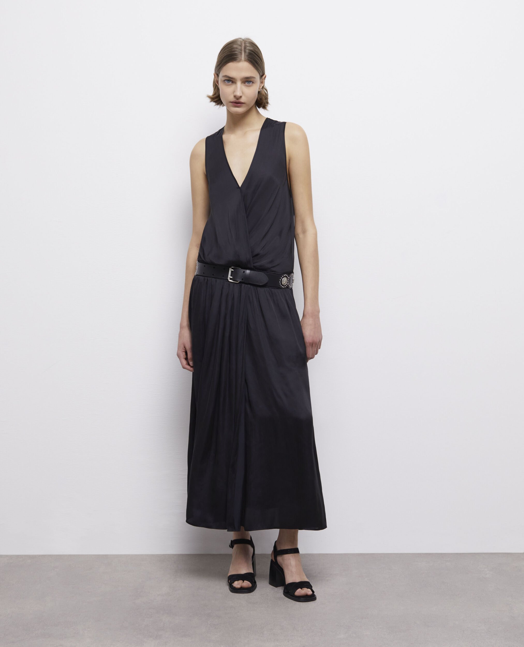 Vestido largo negro satinado, BLACK, hi-res image number null