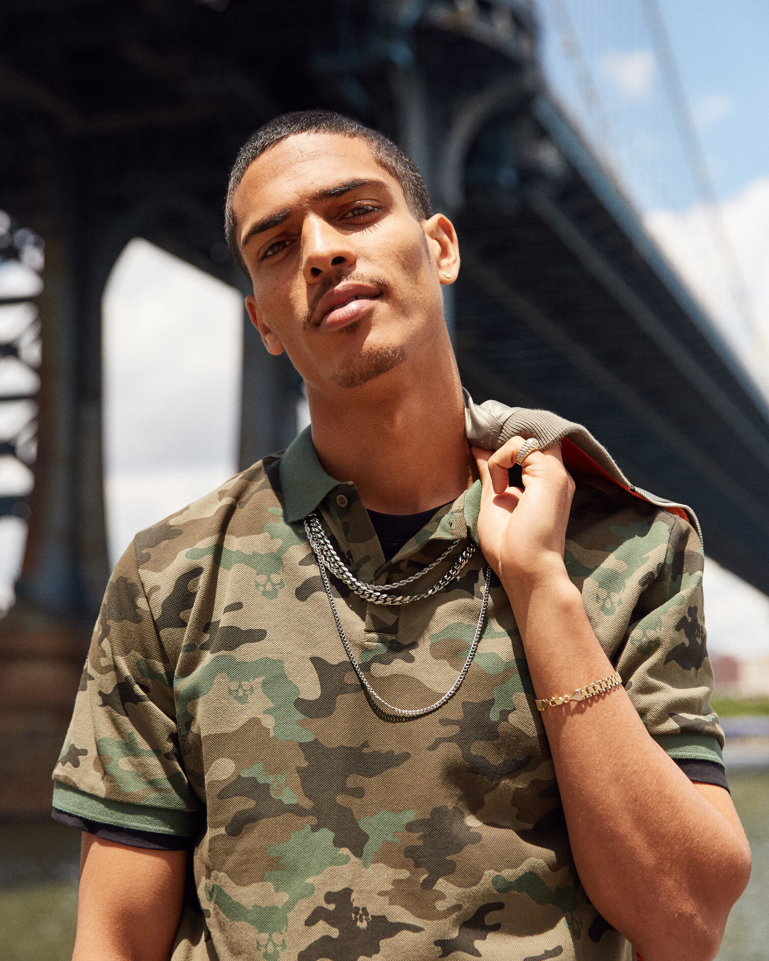 Cotton piqué polo with camouflage print, KAKI, hi-res image number null