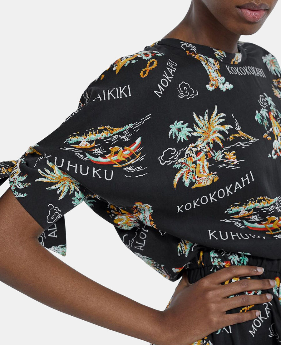 The Kooples DAMEN BLACK schwarzes kurzarm-kleid mit hawaii-motiv