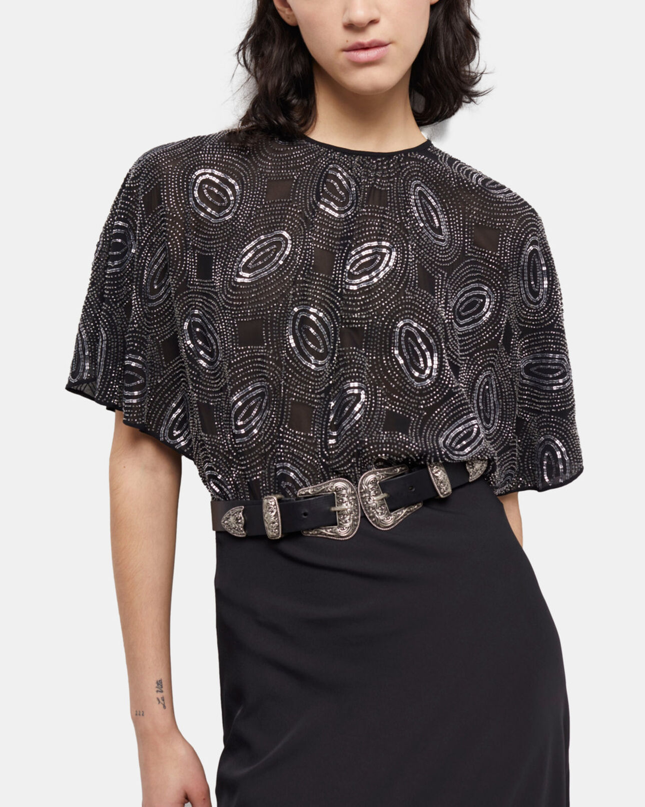 The Kooples FEMME BLACK robe longue noire à perles argentées