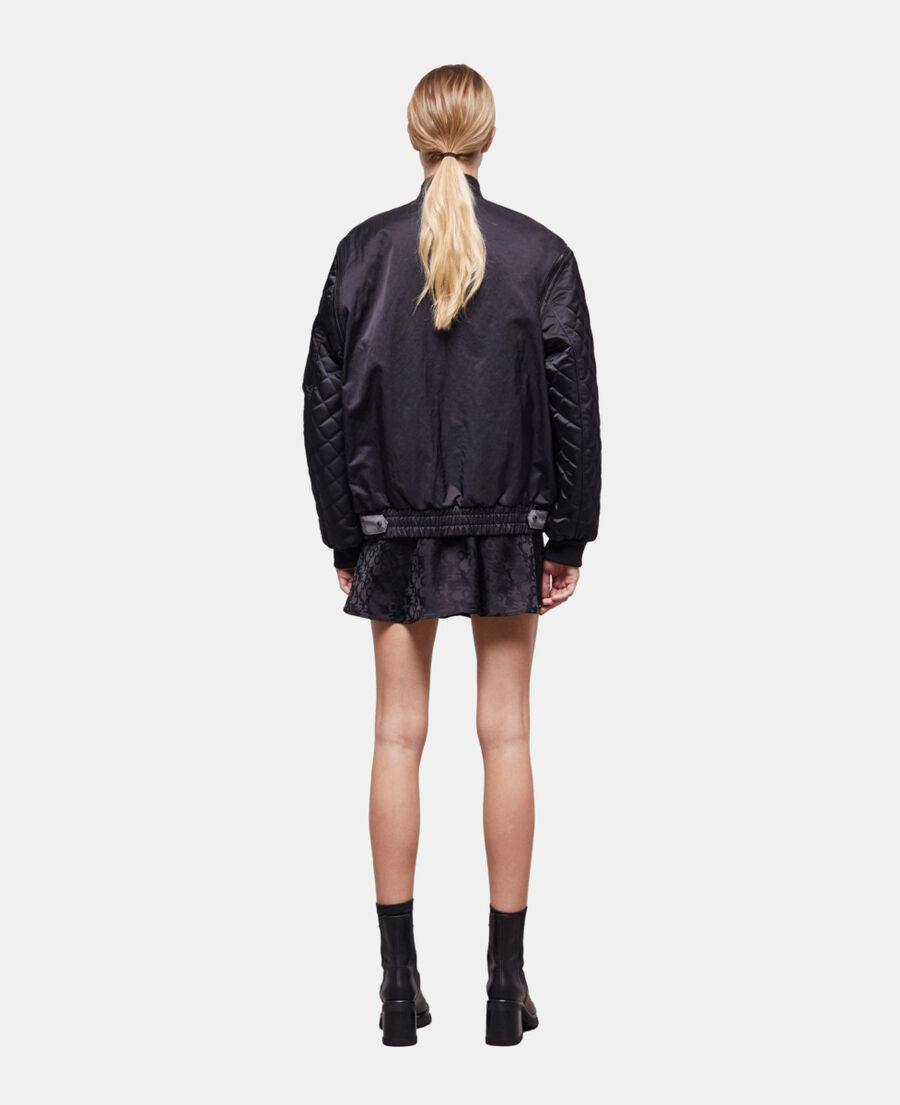 black satin bomber jacket with detachable sleeves