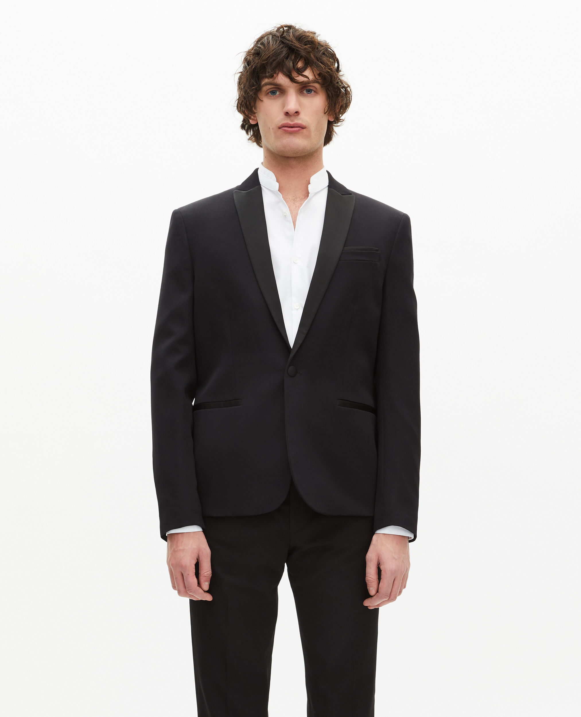 Schwarzes Slim Fit Smokingsakko mit Satin-Detail, BLACK, hi-res image number null