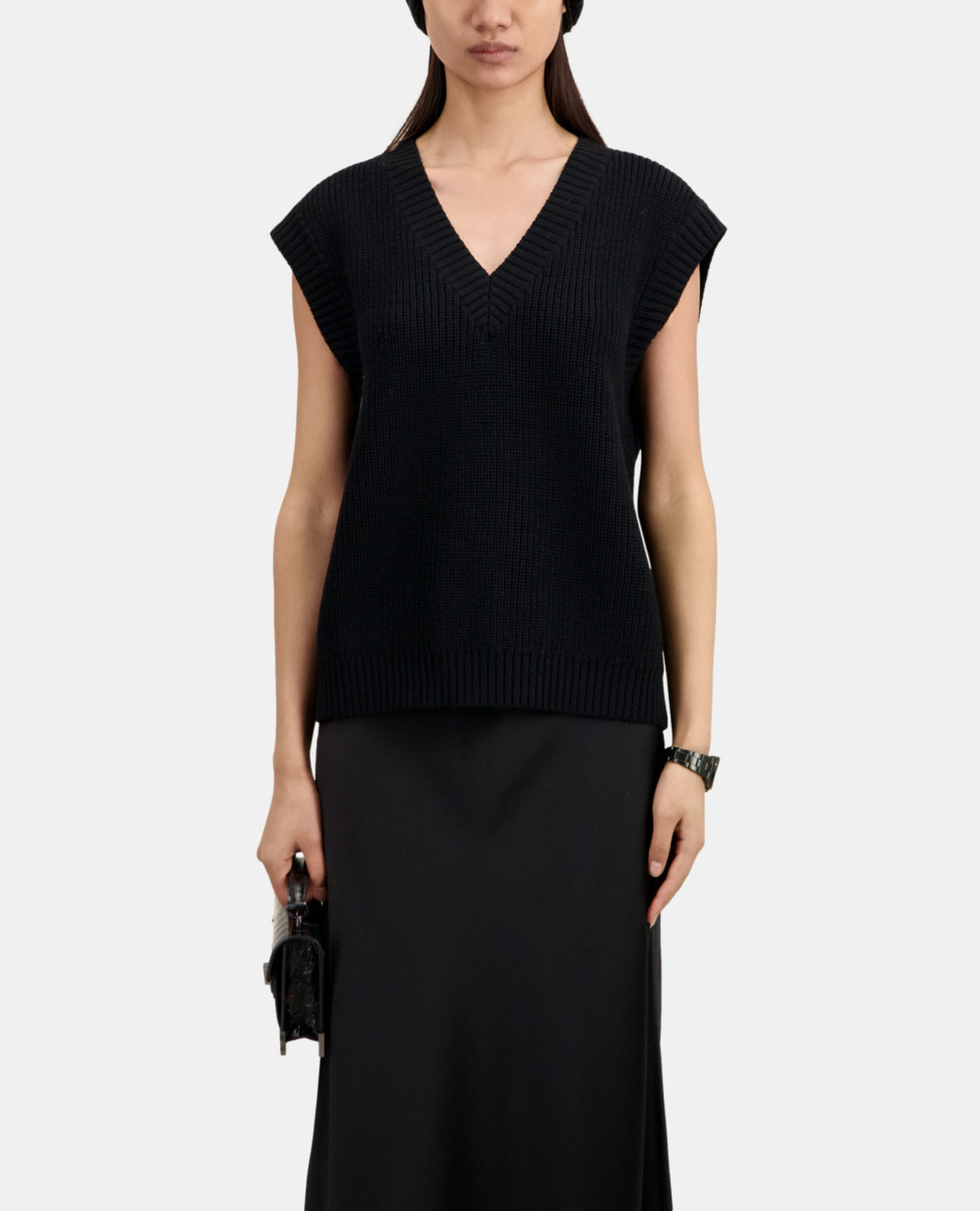 Black sleeveless wool sweater, BLACK, hi-res image number null