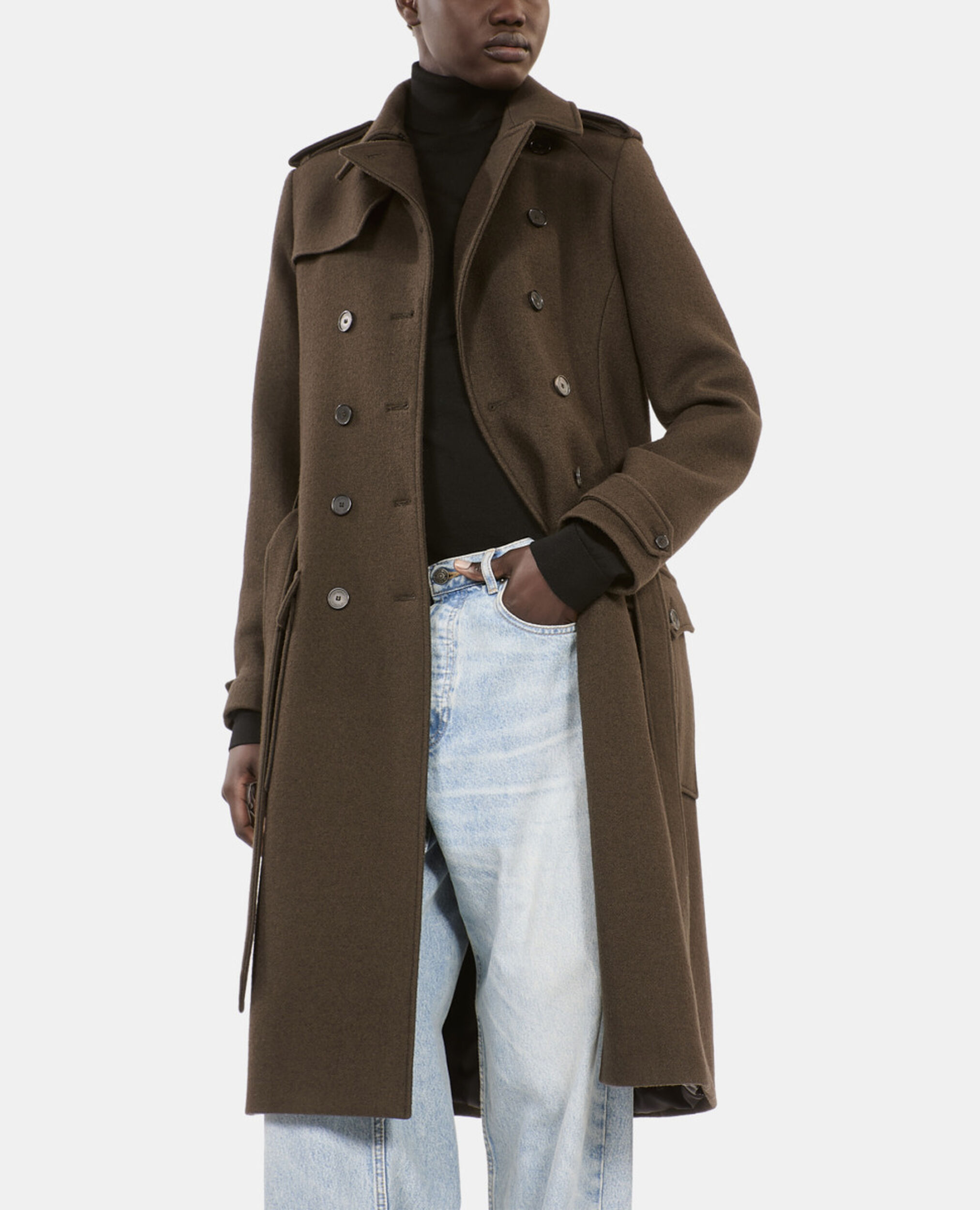 Long wool coat in khaki trench style, KAKI, hi-res image number null