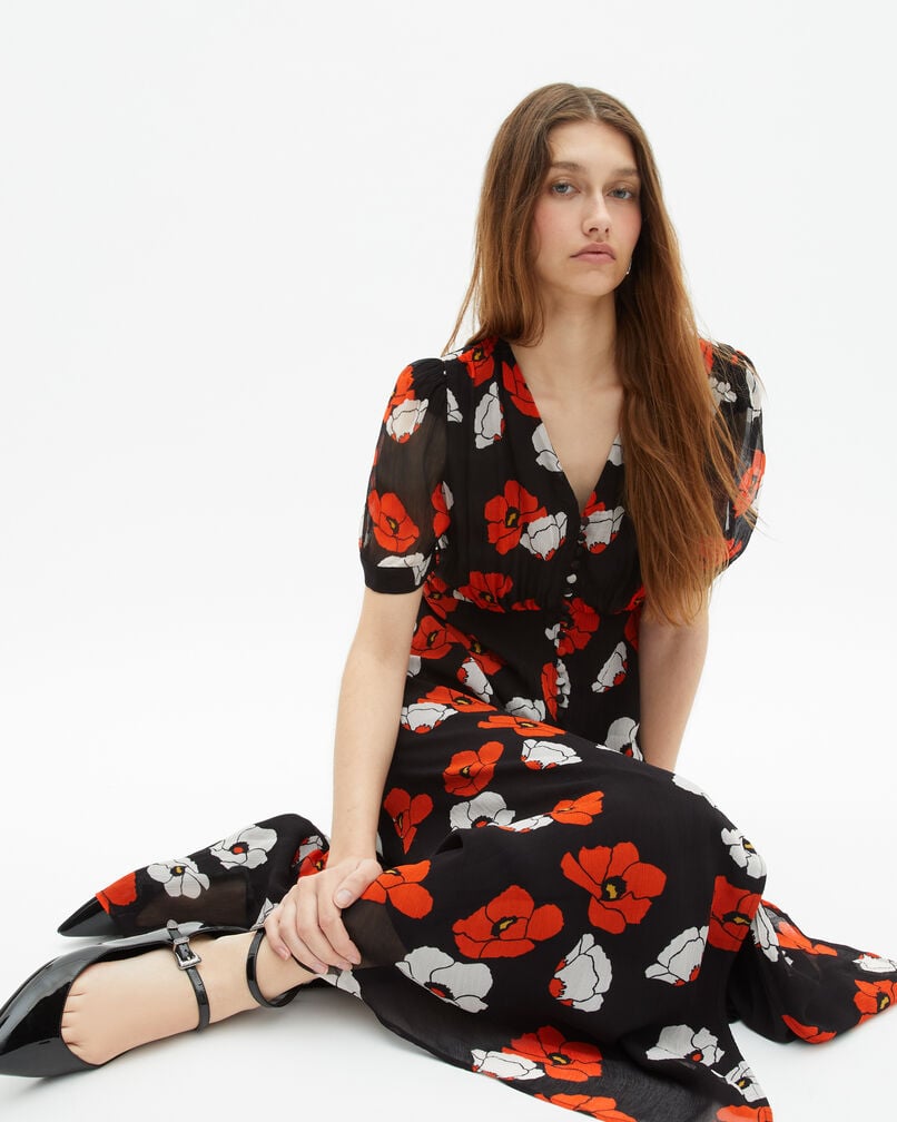 The Kooples FEMME BLACK RED OFF WHITE robe longue imprimé fleuri noire
