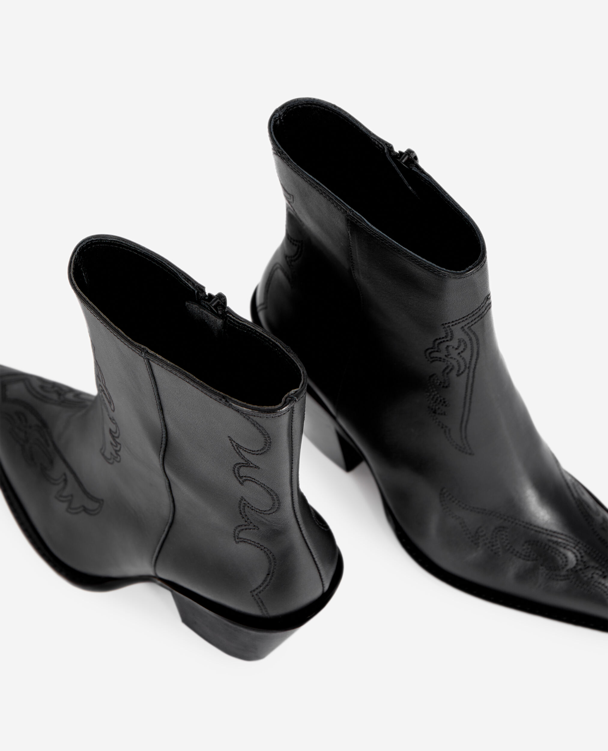 Black leather heeled ankle boots with embroidery, BLACK, hi-res image number null