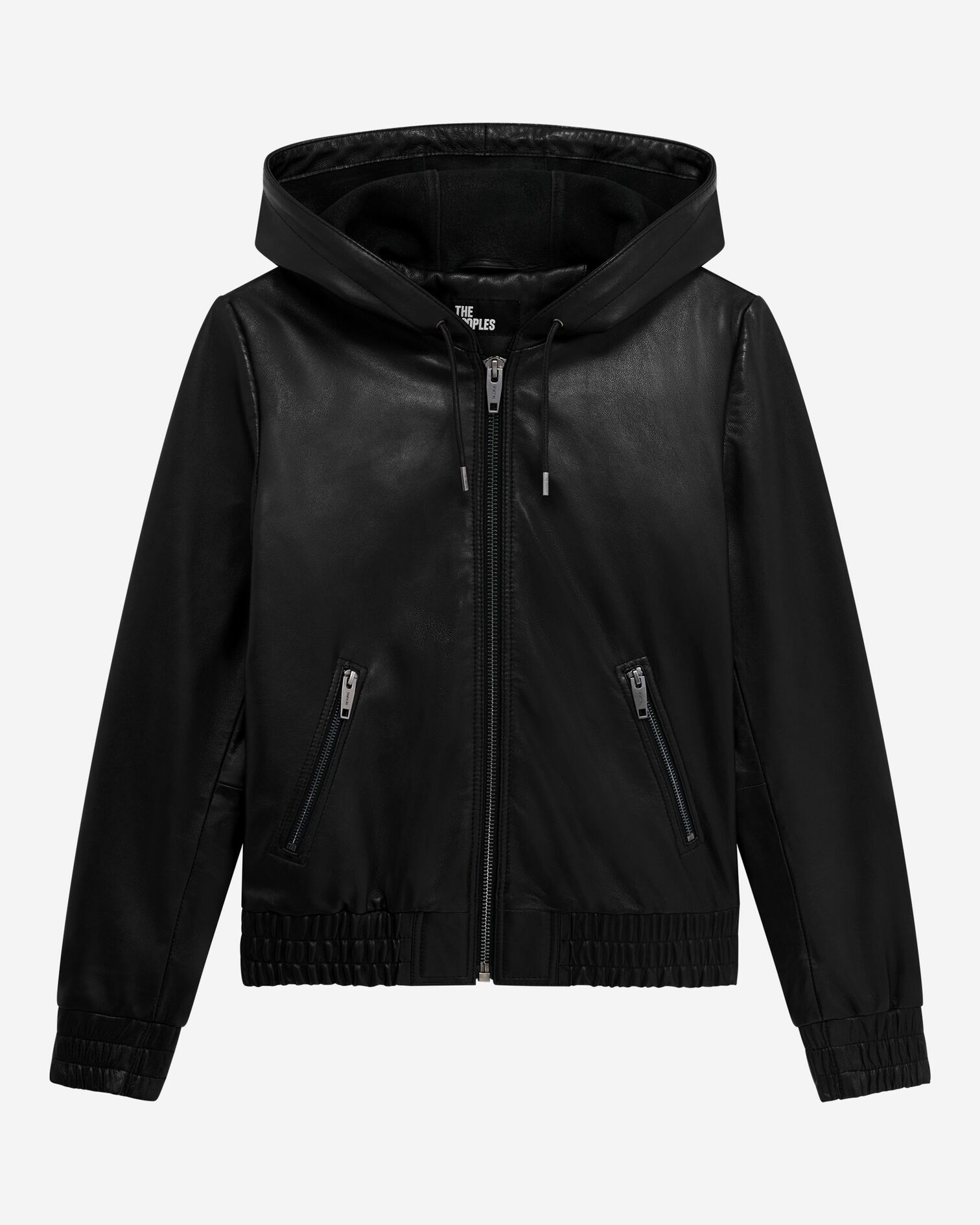 Blouson à capuche en cuir noir, BLACK, hi-res image number null