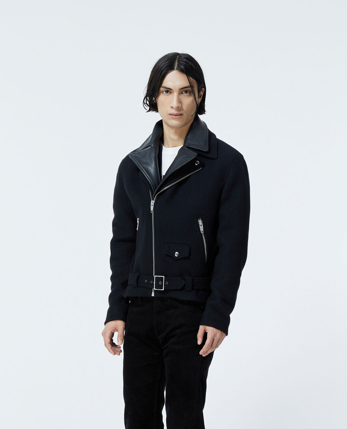 Black wool biker clearance jacket
