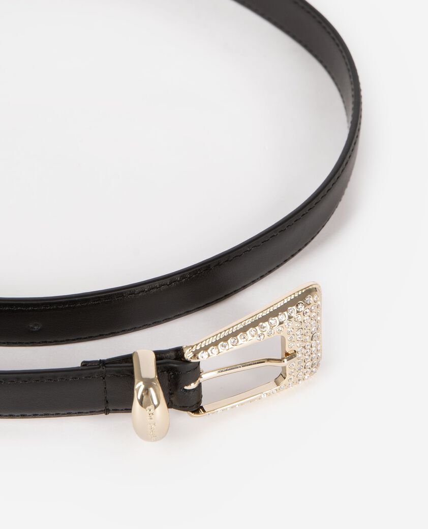 The Kooples WOMEN BLACK black leather western buckle belt in gold with rhinestones