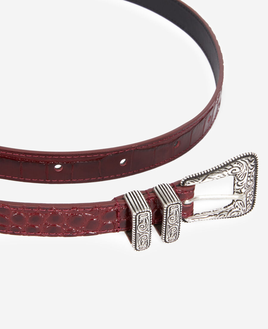 burgundy crocodile-effect leather belt with western buckle