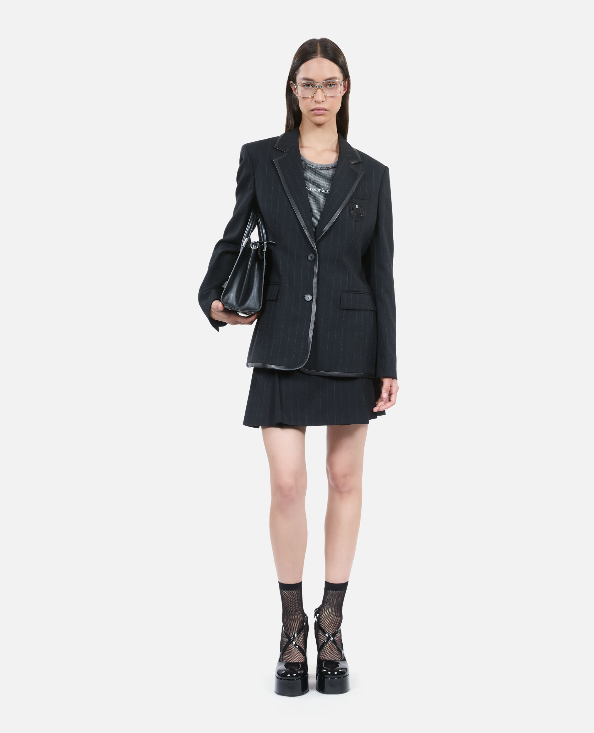 Schwarze Jacke mit Tennisstreifen aus Wolle, BLACK, hi-res image number null