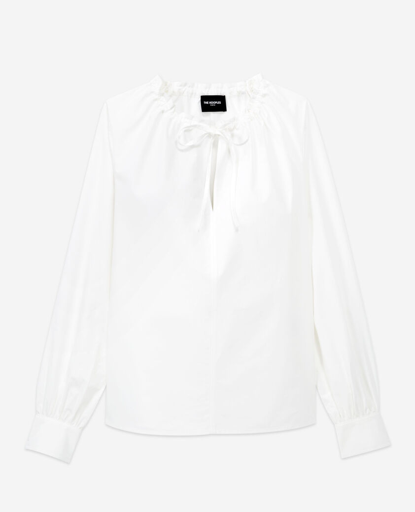 The Kooples F WHITE white cotton top with pleated tie-drop neck
